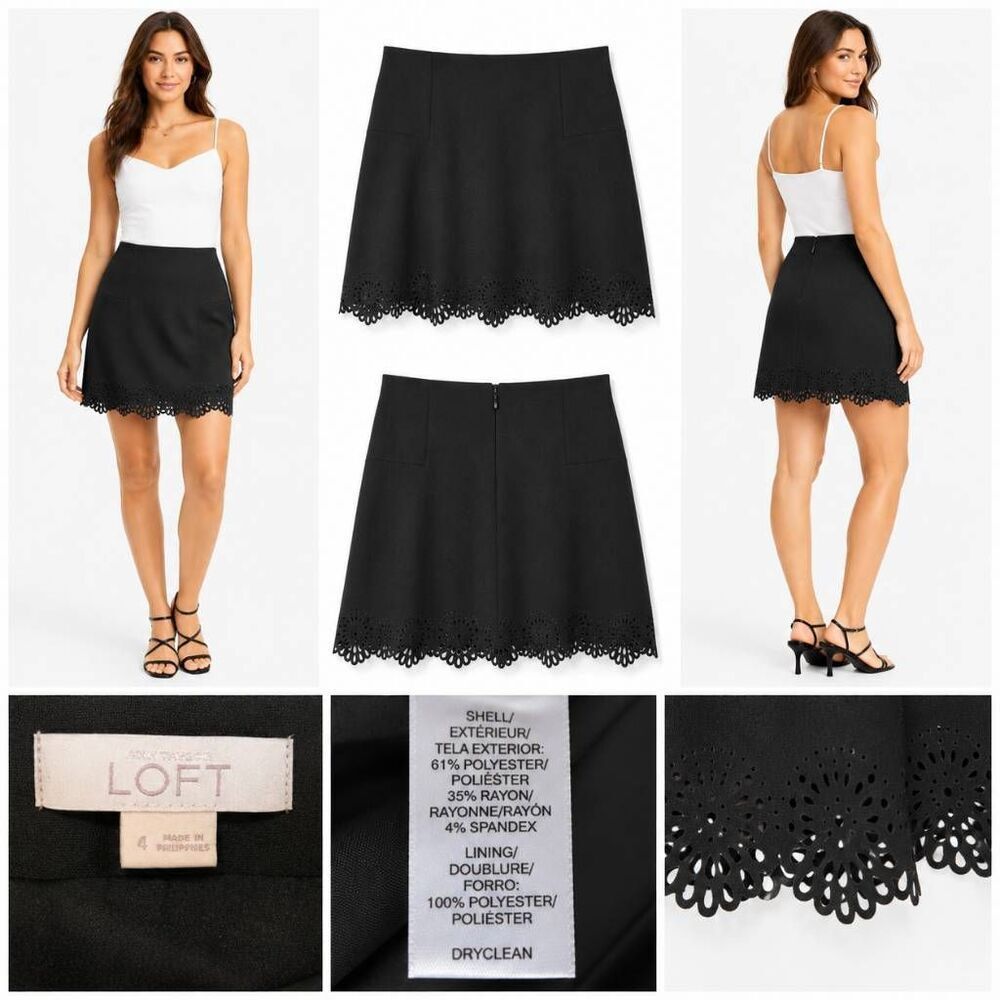 LOFT Black Scallop Hem A-Line Skirt Size 4 Career Chic